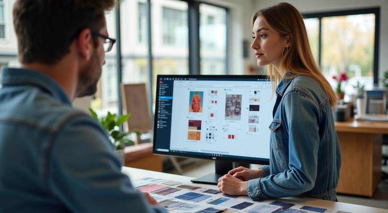 Analista de tendencias revisando muestras textiles y datos digitales